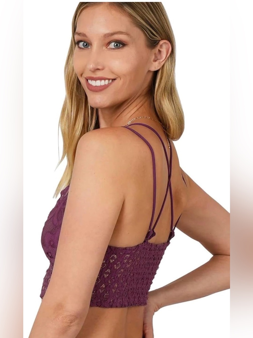 Zenana Sweet Muse Floral Crochet Lace Bralette With Cross Back Eggplant Size L - Picture 2 of 4